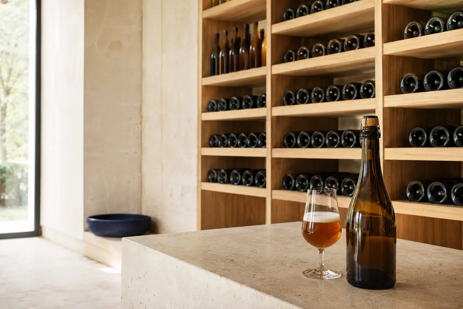 A modern cellar with an aged beer bottle and tasting glass